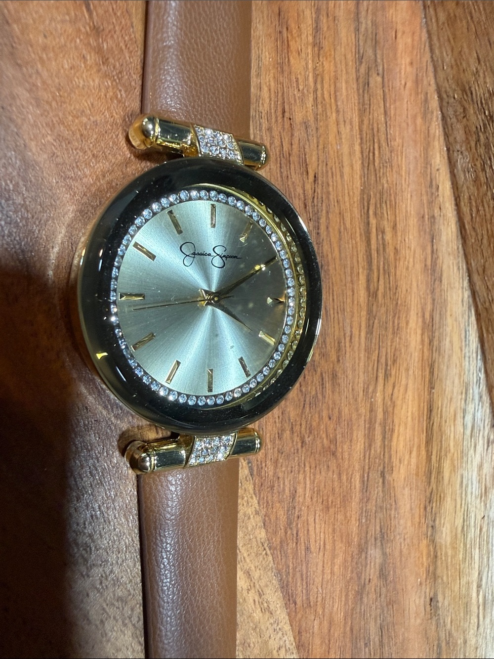 Jessica Simpson Gold-Tone Dial Brown Leather Strap Watch with Crystal Accents